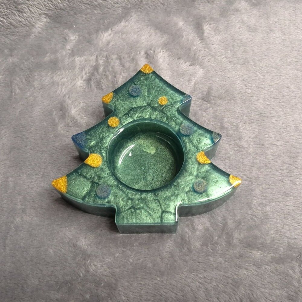 Handmade Christmas Tree Resin Tealight Holder Gold & Blue Polka Dot Accents